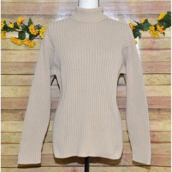 Banana Republic Ladies L Khaki Turtleneck Sweater Ribbed Academia Minimalist - Picture 1 of 8